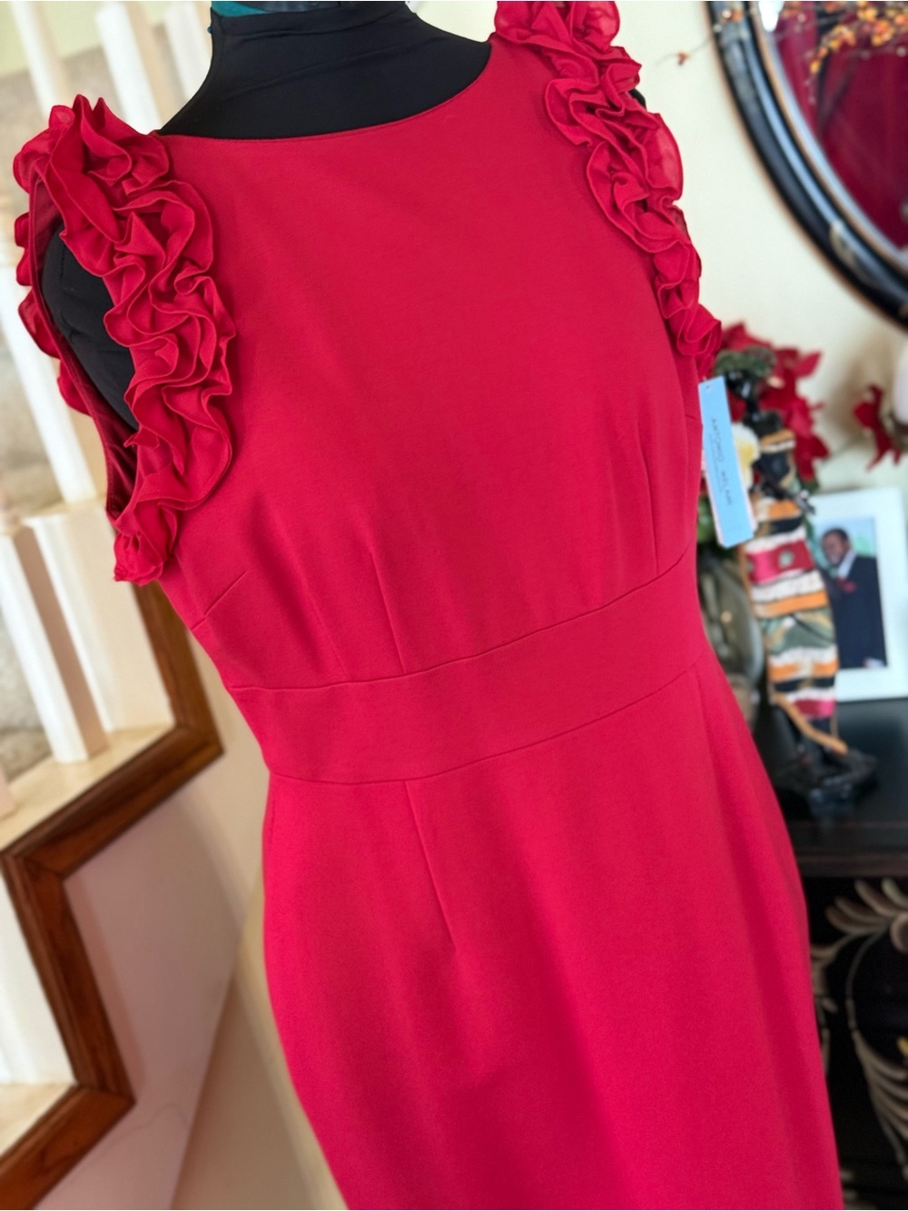 ANTONIO MELANI Elegant Red/Pink Ruffle-Sleeve Women's Dress